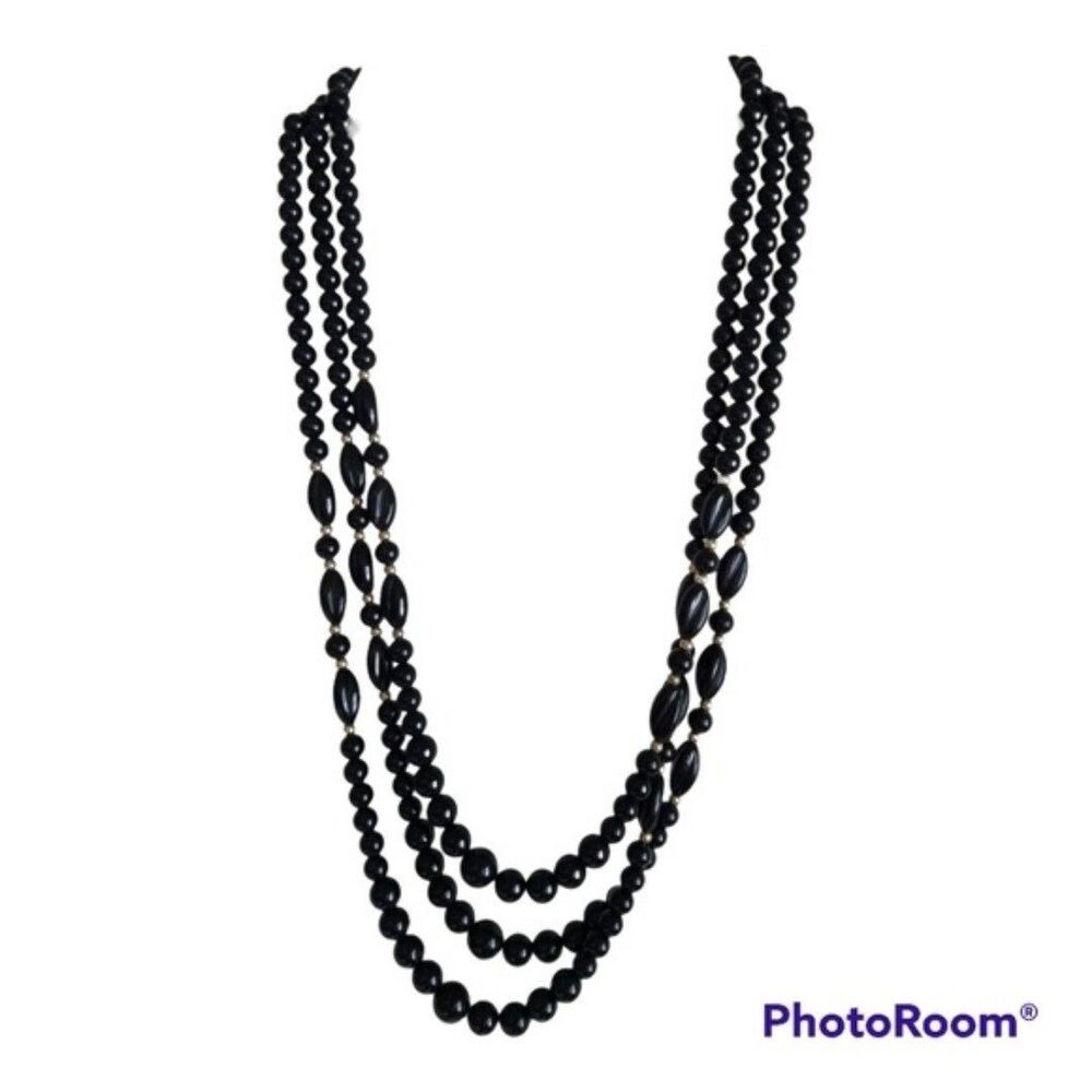 Vintage Black & Gold Three Strand Beaded Neckace